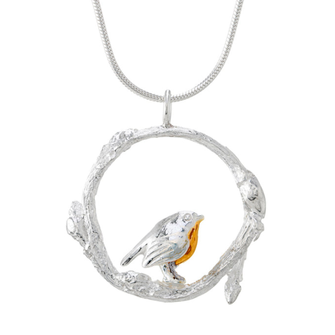 Robin in twig circle pendant