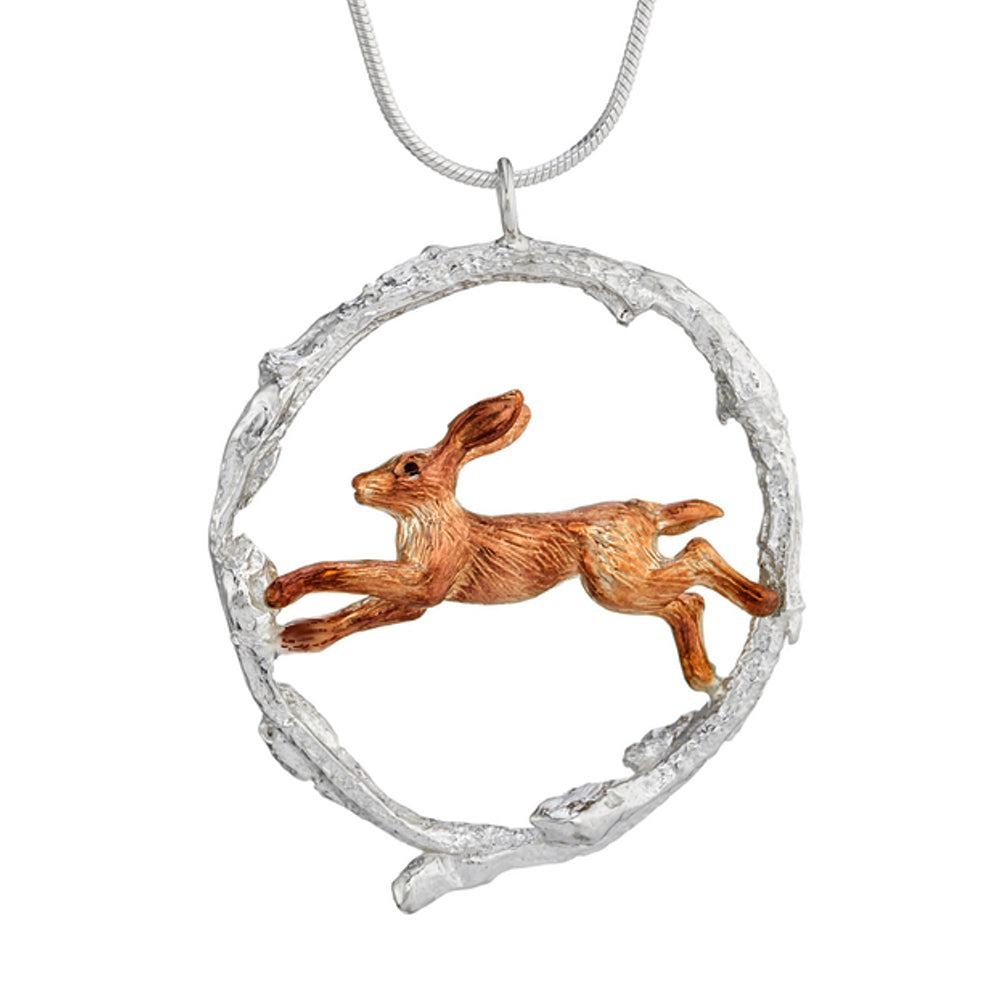 Running hare in twig circle pendant