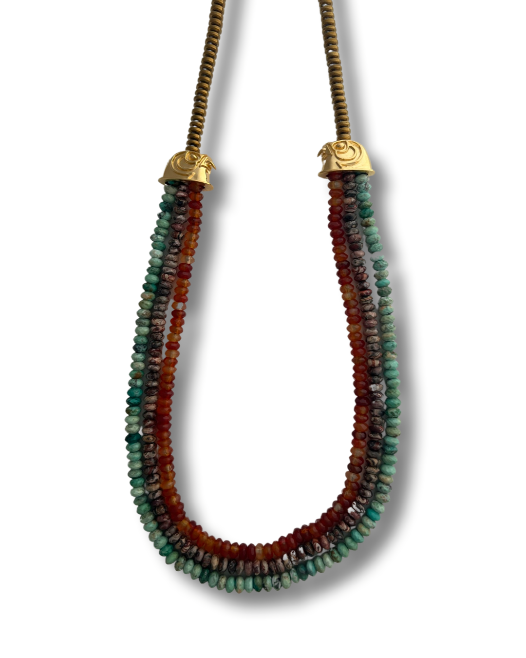 Neferuptah Horus head collar with turquoise, carnelian, jasper and golden hematite,