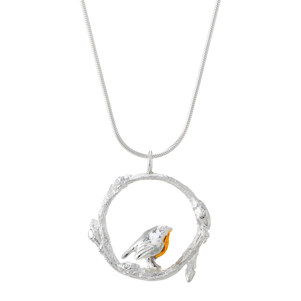 Robin in twig circle pendant