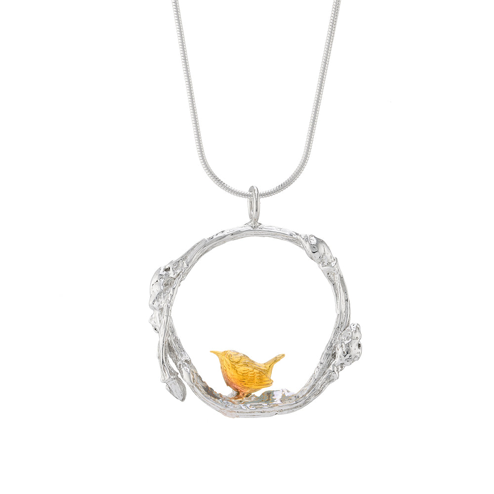 Wren in twig circle pendant