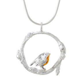 Robin in twig circle pendant