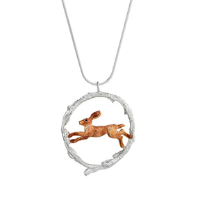 Running hare in twig circle pendant