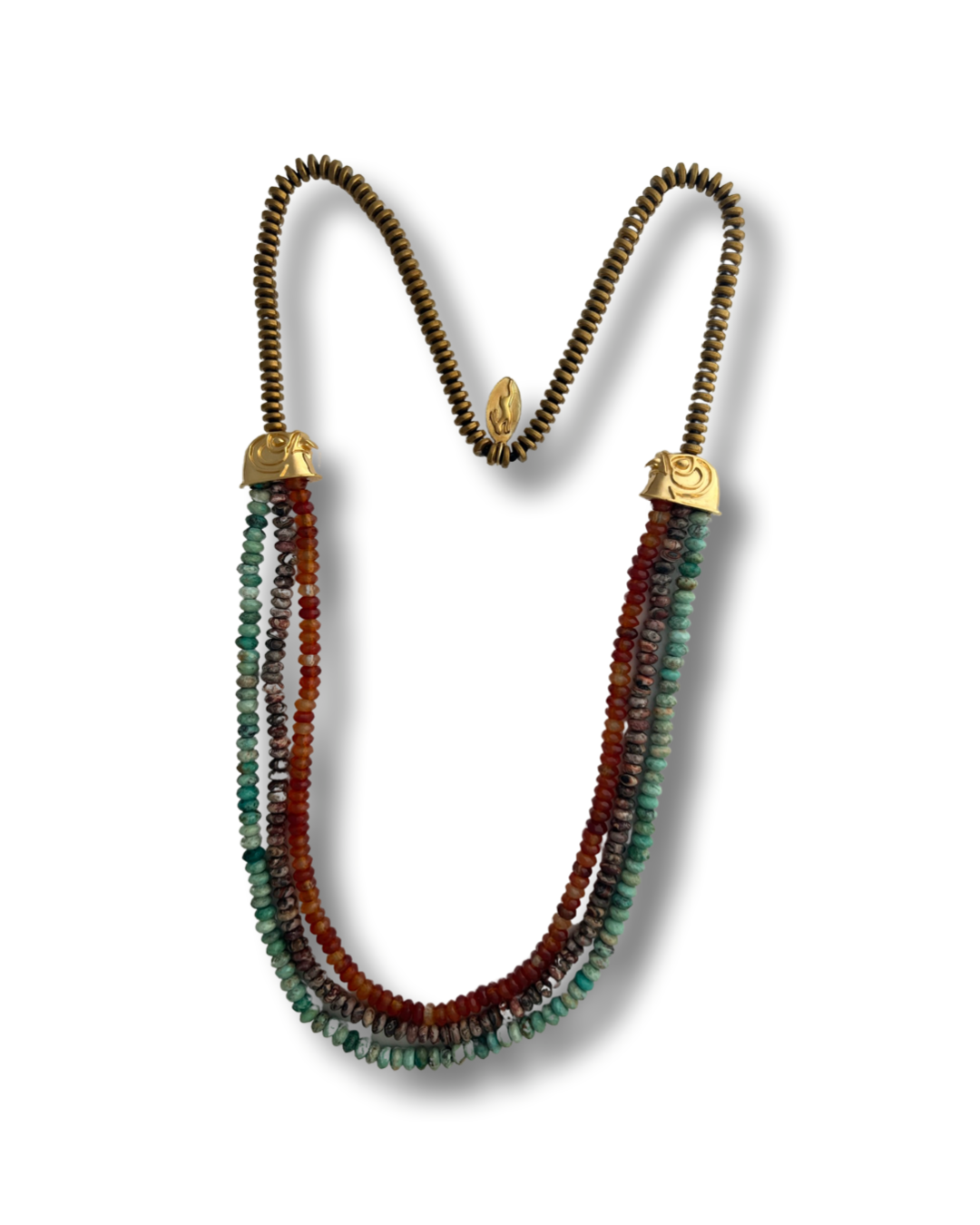 Neferuptah Horus head collar with turquoise, carnelian, jasper and golden hematite,