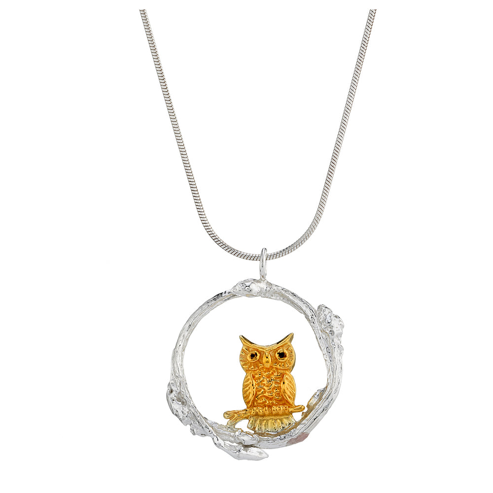 Owl in a twig circle pendant