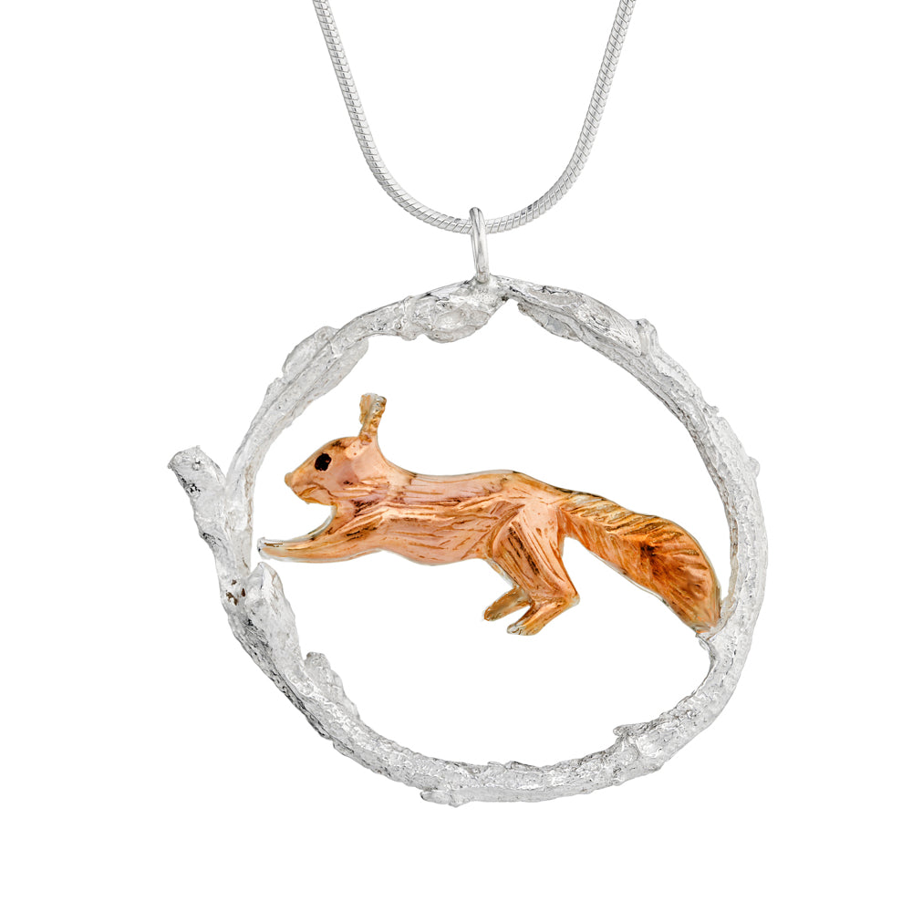 Red squirrel twig circle pendant